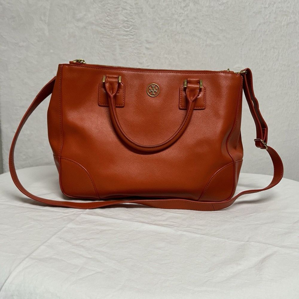 Tory Burch Robinson Double Zip Two Way Leather Tote Satchel Bag Orange